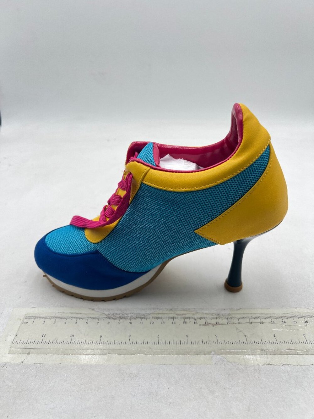Blue Fuchsia Women Lace Up Mesh Round Toe Sneaker Heel Sporty Breathable Pumps